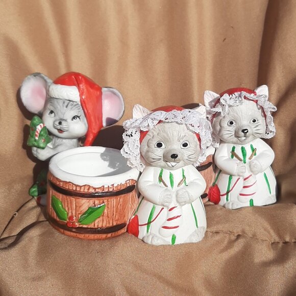 Vintage Jasco Porcelain Cat Candle Holder (2) Votive Christmas Decor and Mouse - Picture 1 of 15